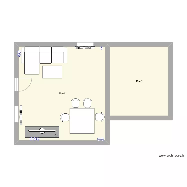 salon et garage. Plan de 2 pièces et 45 m²