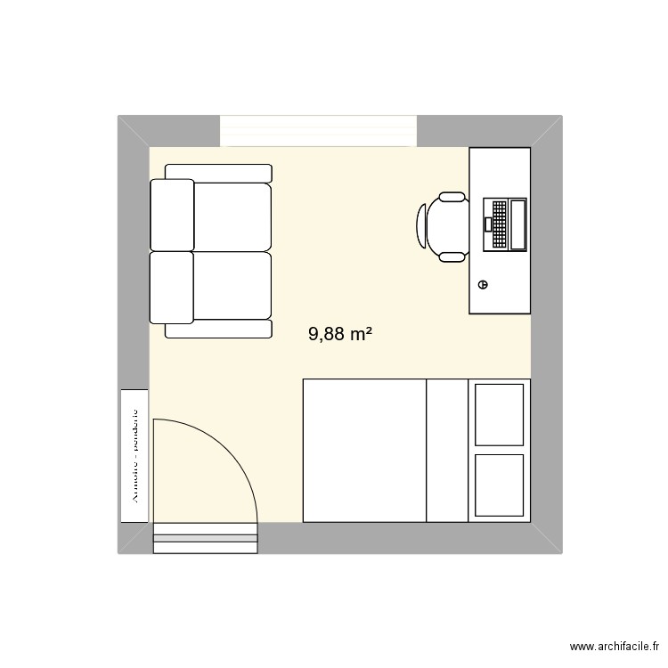 chambre mauve. Plan de 1 pièce et 10 m2