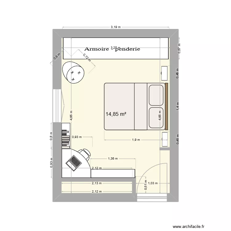 chambre. Plan de 1  et 15 m²