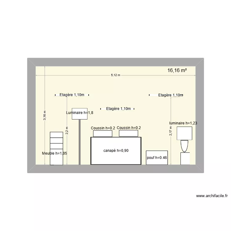 mur salon 3 Lack. Plan de 1  et 16 m²