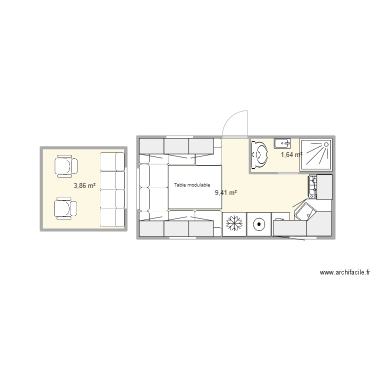 Cellule 4800 salon 200cm. Plan de 3 pièces et 15 m2