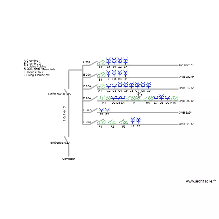 sch&eacute;ma unifilaire appartement 1. Plan de 