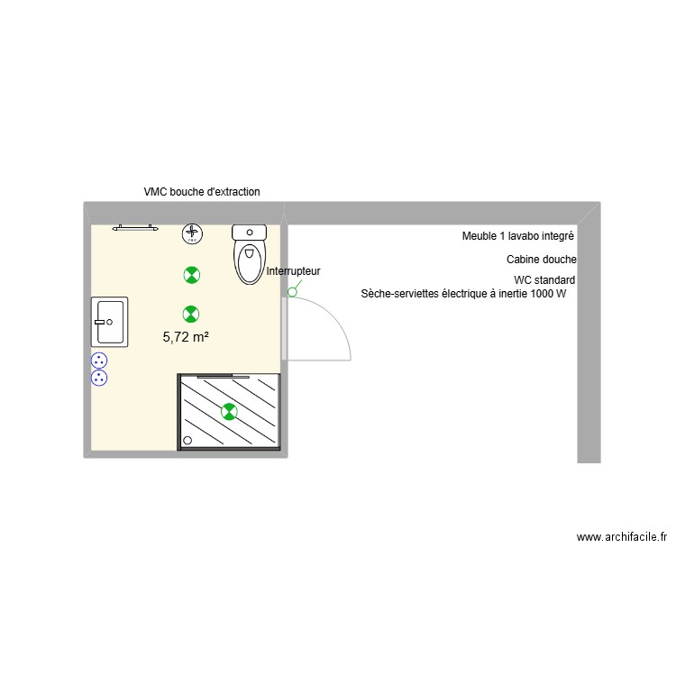 SALLE DE BAIN LEGGERI. Plan de 1 pièce et 6 m2