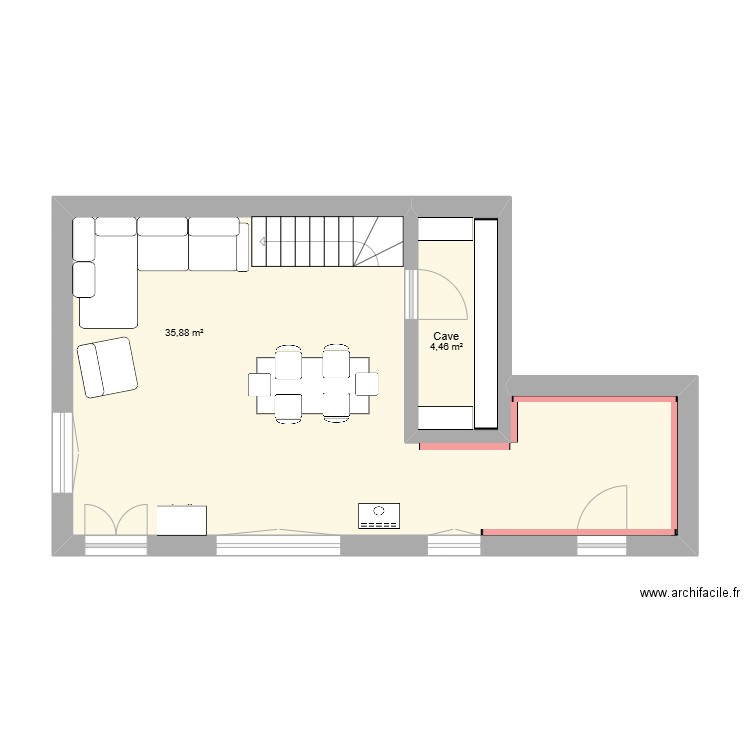 Melandrelle rez V1. Plan de 2 pièces et 40 m2