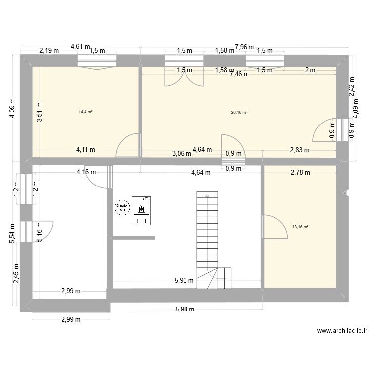 sous sol. Plan de 3 pièces et 54 m2