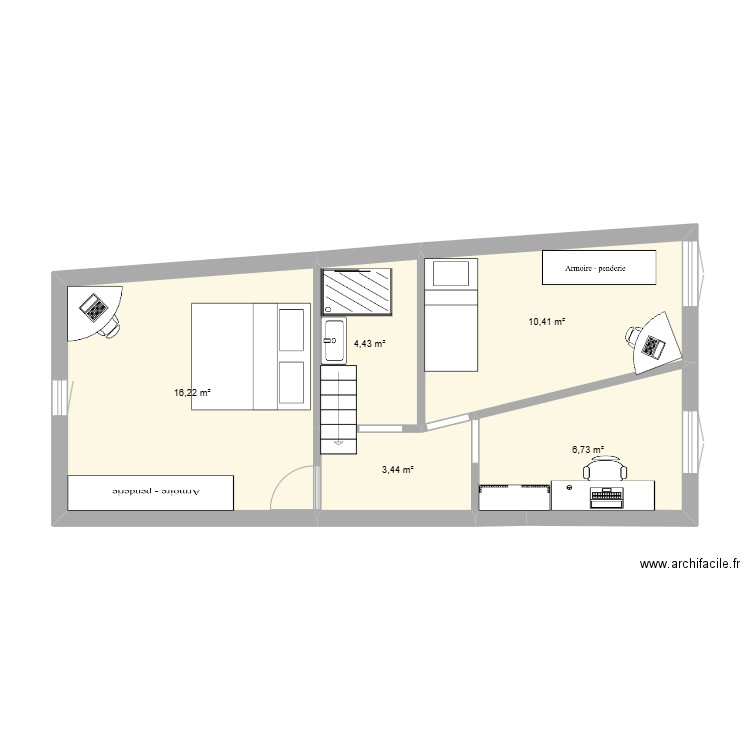 étage version 2 ch et 1 bureau. Plan de 5 pièces et 41 m2