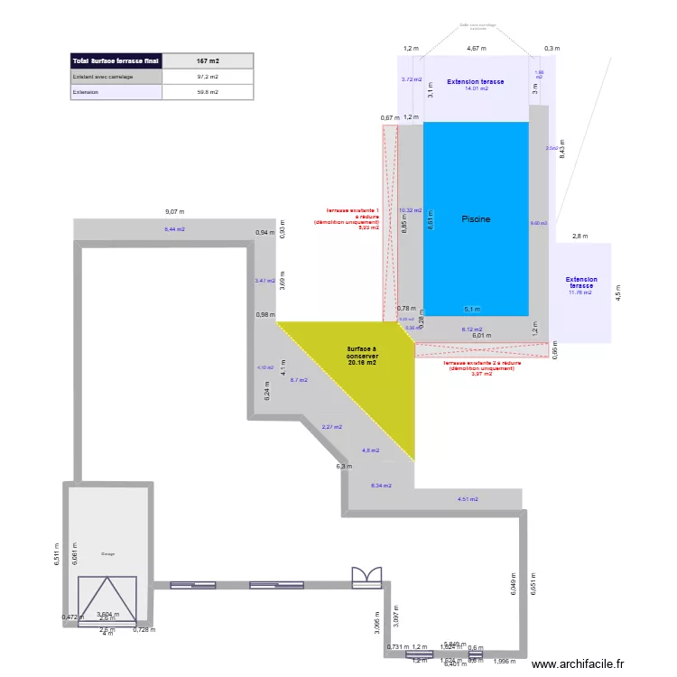 Terasses r&eacute;novation. Plan de 2  et 191 m²