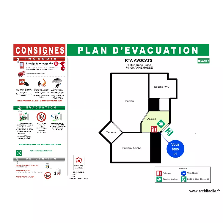 Plan d'&eacute;vacuation RTA AVOCATS 2. Plan de 8  et 43 m²