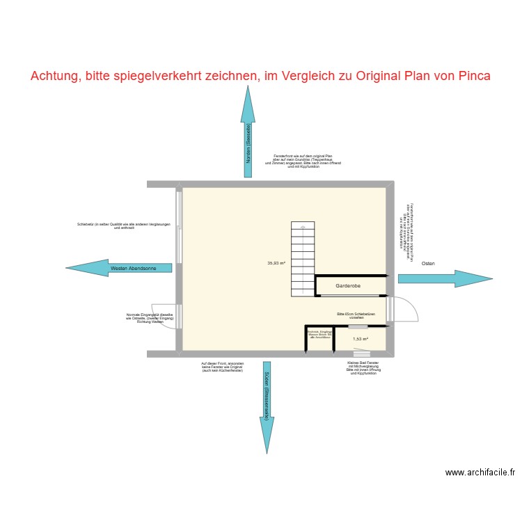 Erdgeschoss spiegelverkehrt. Plan de 4 pièces et 40 m2