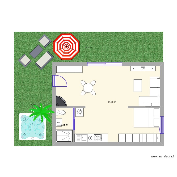 VUE DESSUS STUDIO. Plan de 2 pièces et 41 m2