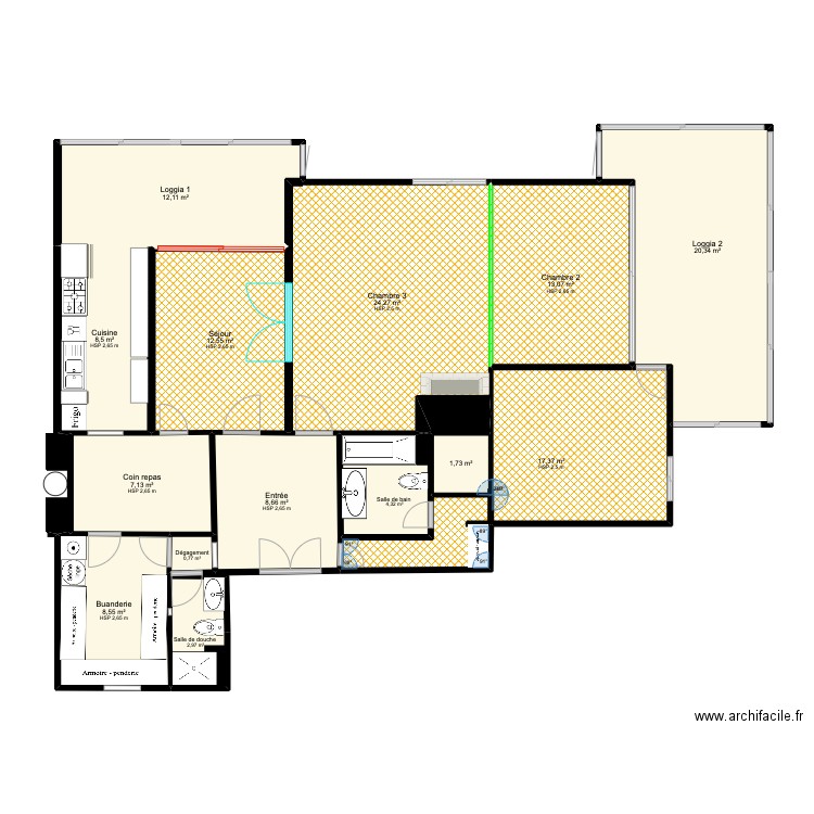 Plan Le Chesnay V 3ch G. Plan de 15 pièces et 142 m2
