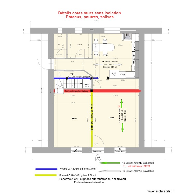 'Cotes, murs sans isolation, poteaux, poutres, solives Haut R de Ch. Plan de 2 pièces et 73 m2