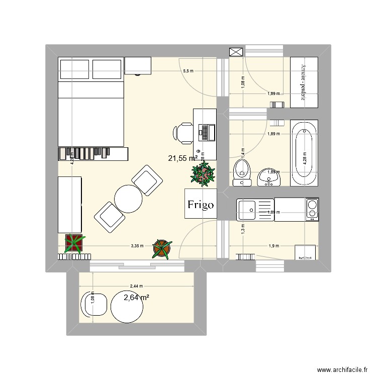 APPT 34. Plan de 2 pièces et 24 m2