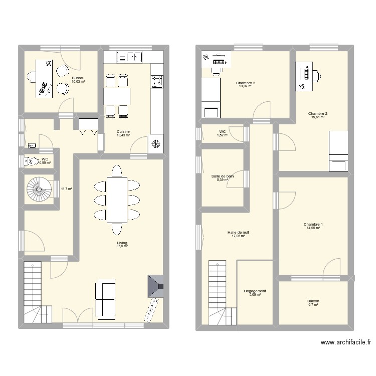 231. Plan de 14 pièces et 155 m2