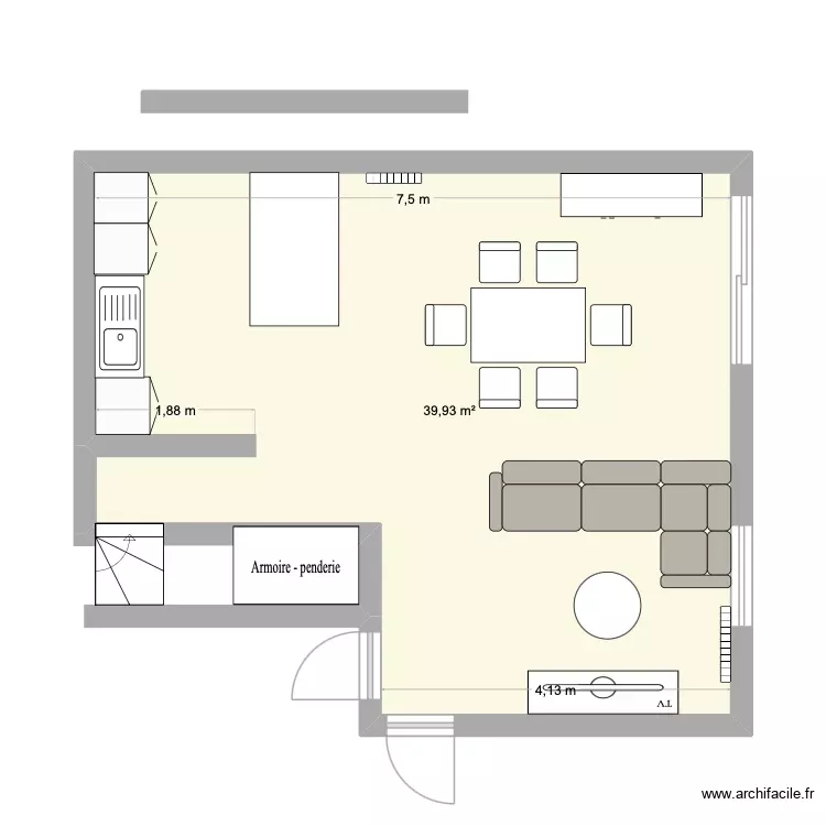 avec cloison toilettes. Plan de 1 Pièce et 40 m²