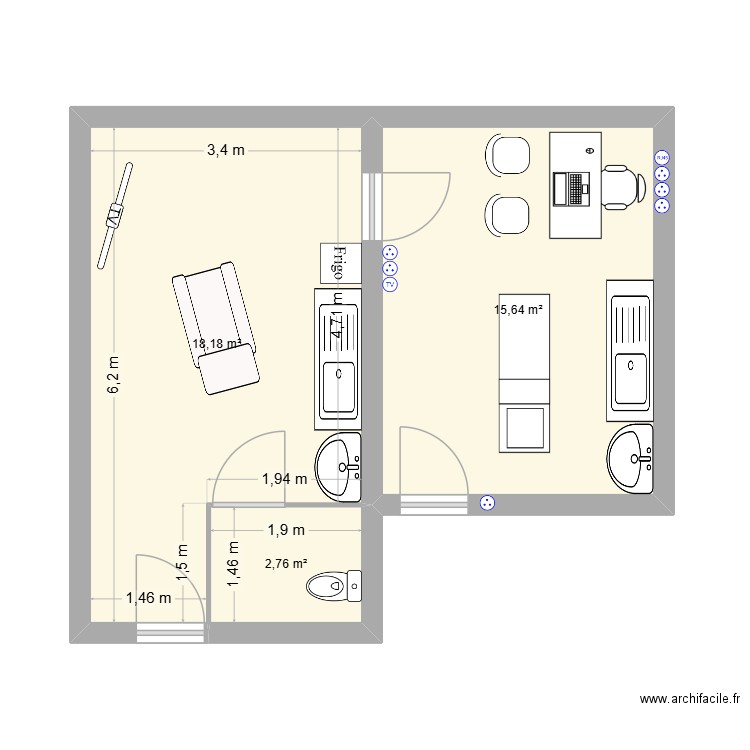 HTP médecine. Plan de 3 pièces et 37 m2
