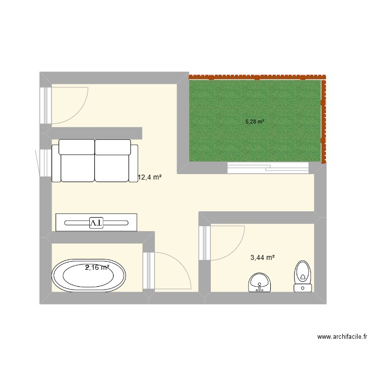 piece. Plan de 3 pièces et 18 m2