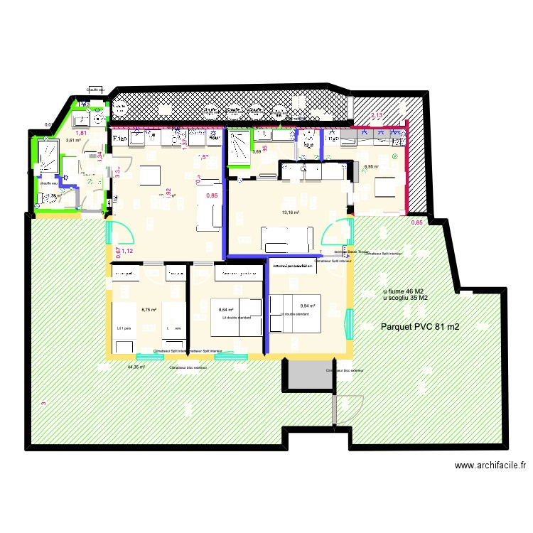 rdc gîtes entrée, sdb et WC cafucciu. Plan de 25 pièces et 180 m2