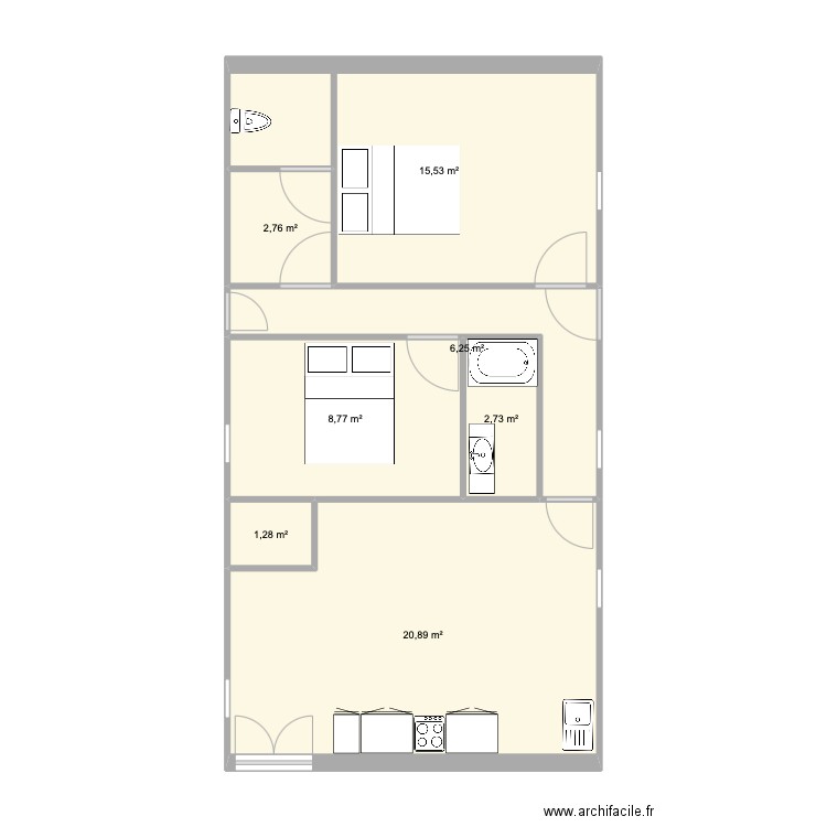 Quéliac. Plan de 7 pièces et 58 m2