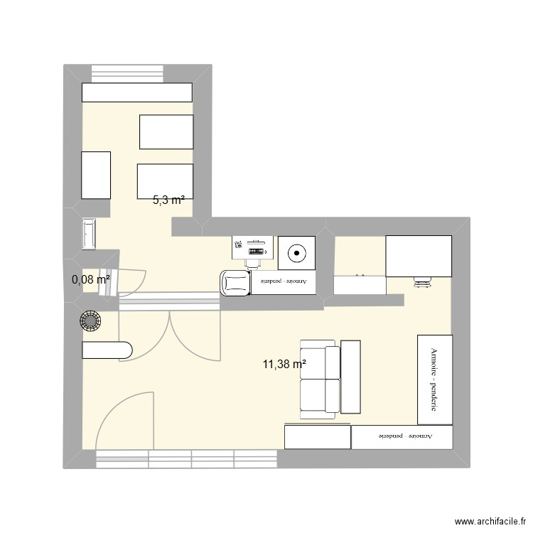 salon. Plan de 3 pièces et 17 m2