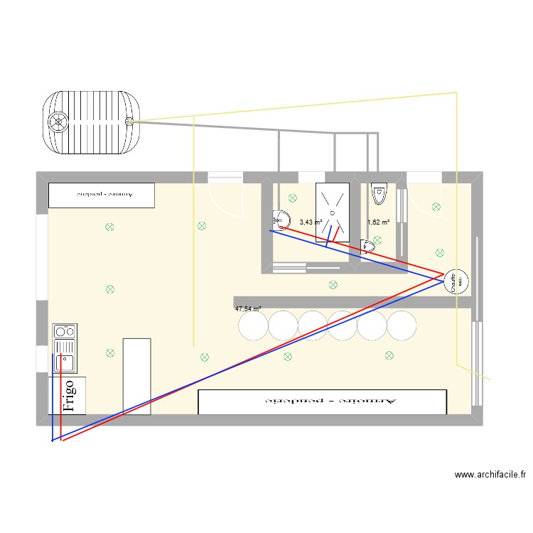 Vestiaire. Plan de 3 pièces et 53 m2