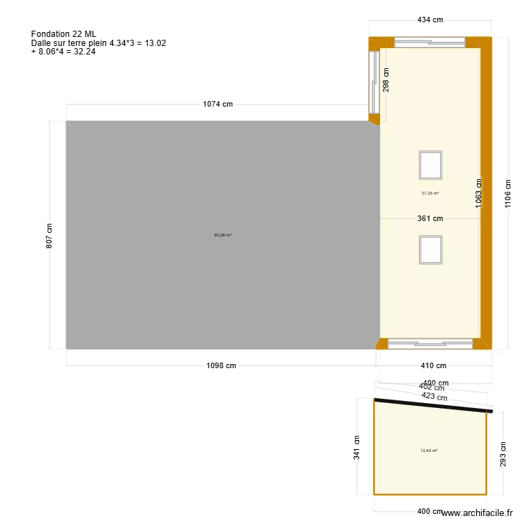 Trelohan. Plan de 3 pièces et 130 m²