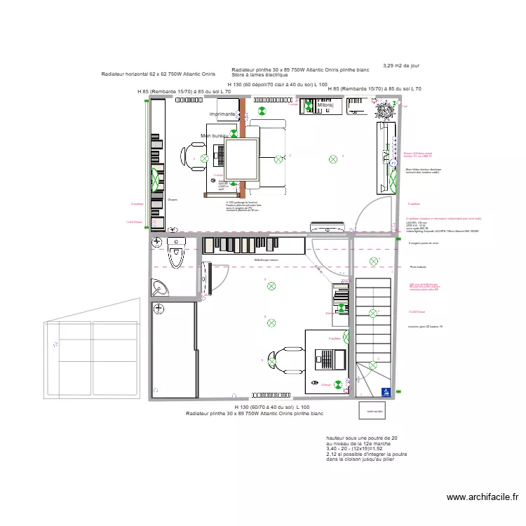 Bureau/Salon &agrave; droite/avec porte salon. Plan de 3  et 38 m²