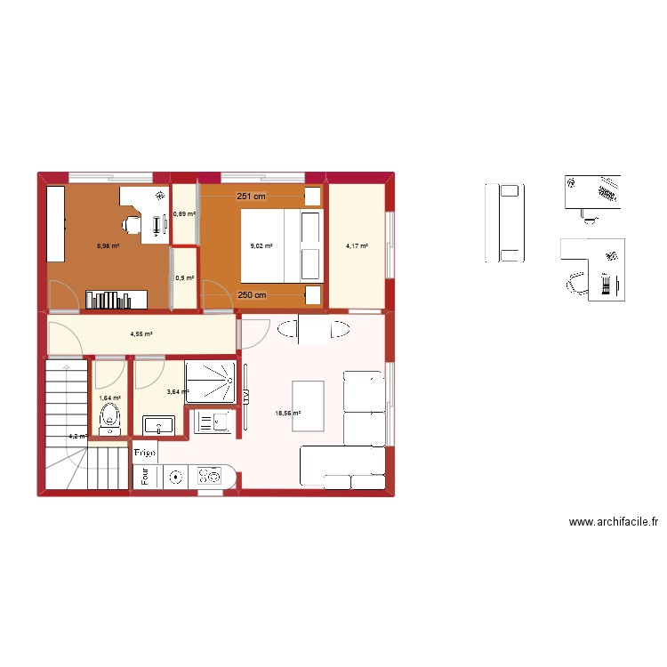 R+1. Plan de 10 pièces et 57 m2