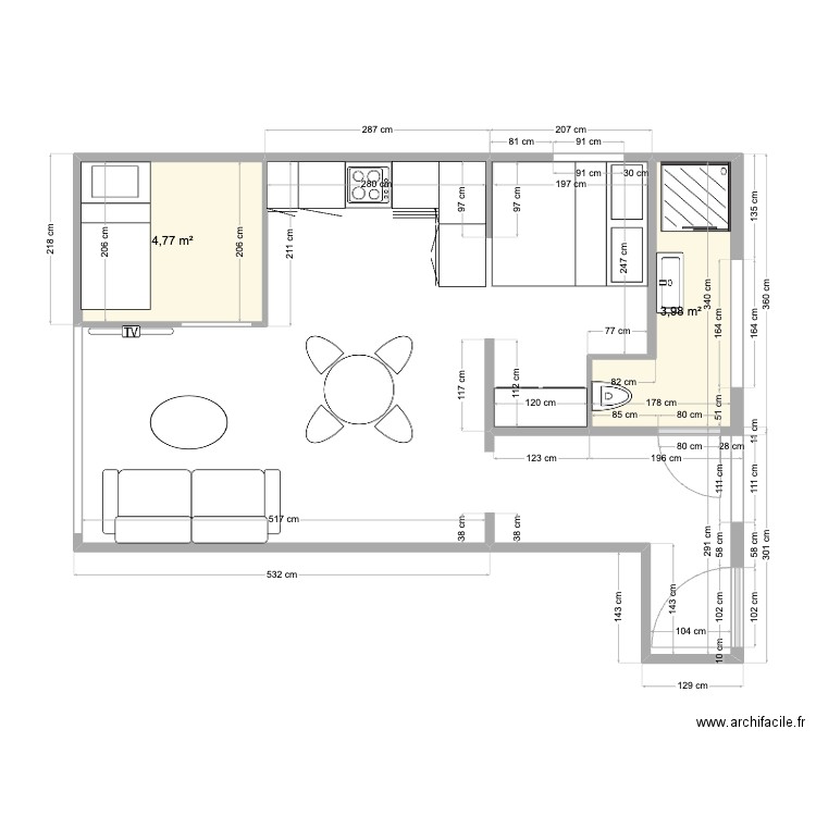 Guillemette Pornichet avec meubles. Plan de 2 pièces et 9 m2