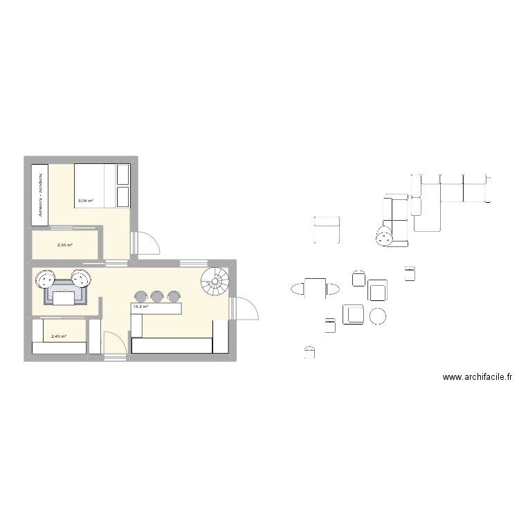 Hall maison fontaine v2. Plan de 4 pièces et 33 m2
