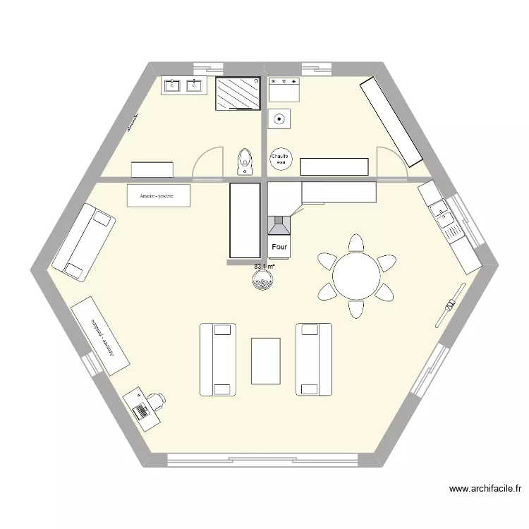 cabane hexa. Plan de 1  et 83 m²