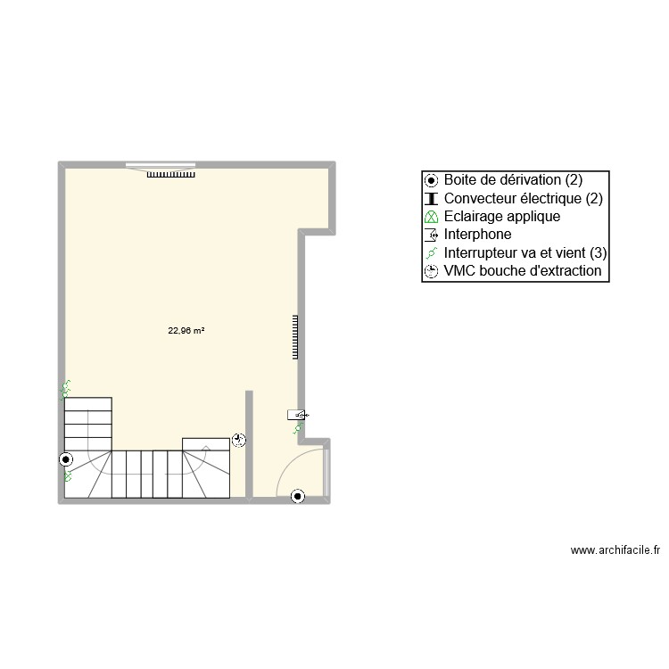 rdh escalier. Plan de 1 pièce et 23 m2