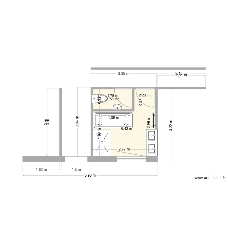 SDB JDP. Plan de 2 pièces et 8 m2