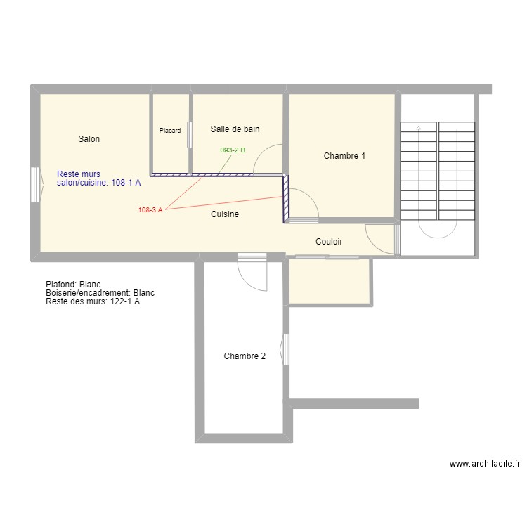 1er étage Boulogne peinture. Plan de 5 pièces et 47 m2