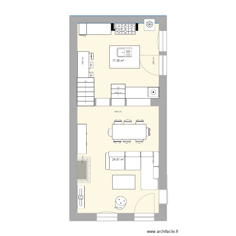 salon cuisine logement 1. Plan de 2 pièces et 42 m2