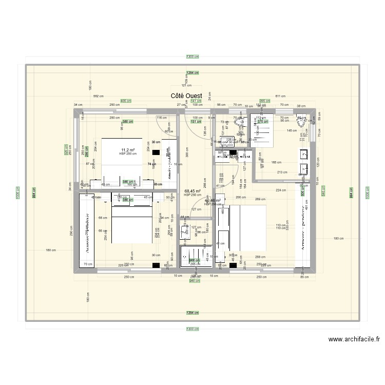 9 x 6 chambres rez/ Etage, pour liaisons poteaux décalées. Plan de 3 pièces et 180 m2