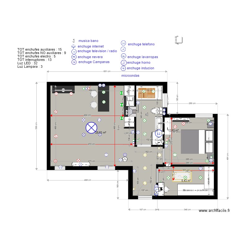 Plan tome option dressing/despacho. Plan de 3 pièces et 45 m2