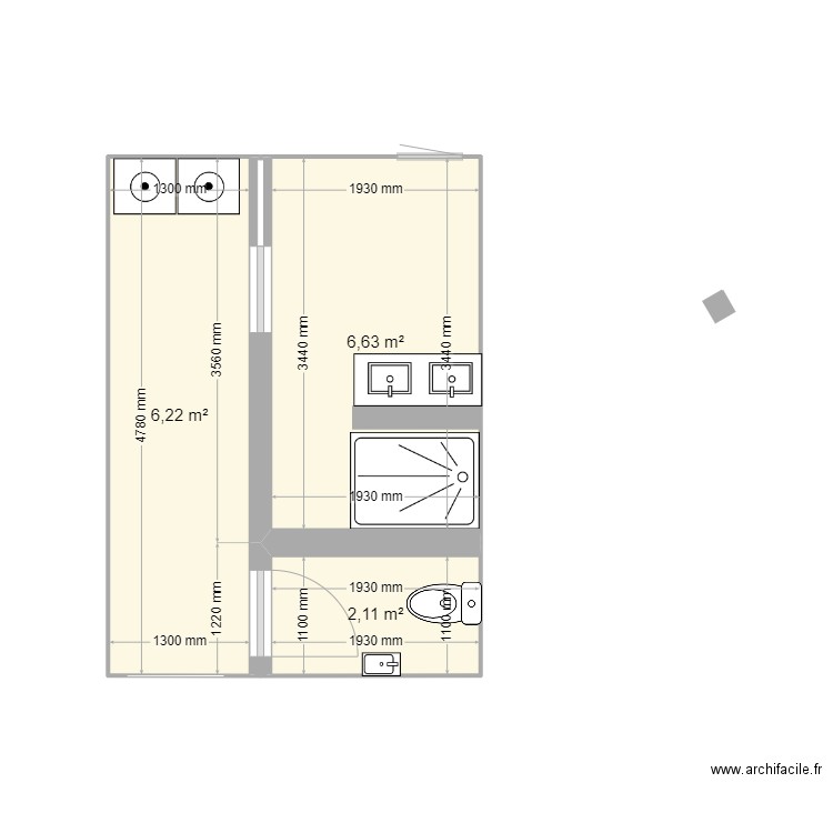 salle de bains invité. Plan de 3 pièces et 15 m2