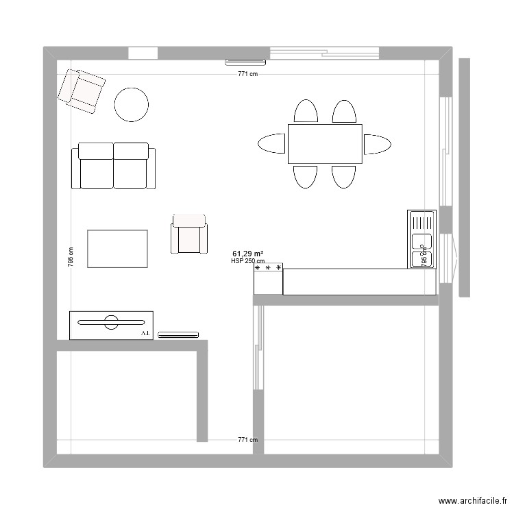 salon. Plan de 1 pièce et 61 m2