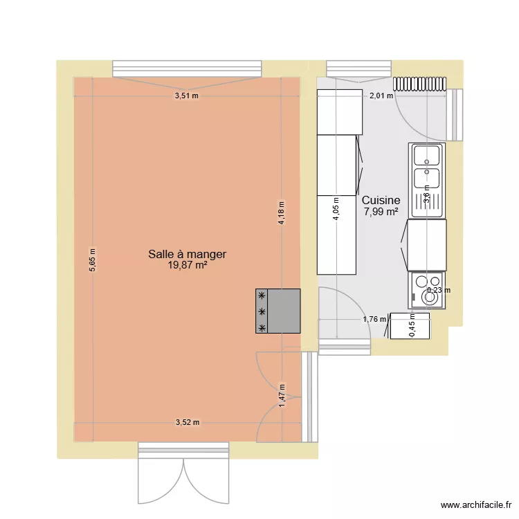 Cuisine. Plan de 2 Pièces et 28 m²