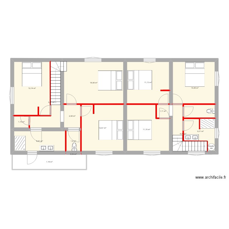 Castelnau 1er étage projet 2. Plan de 16 pièces et 116 m2