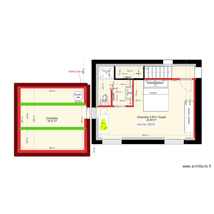 plans chambre Ouest R+1 WC au Sud ! + aménagement SDE+ Combles + mobilier . Plan de 4 pièces et 54 m2
