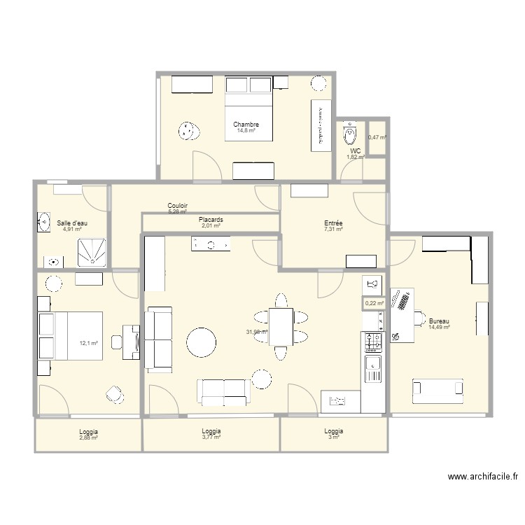 ApptColette1. Plan de 14 pièces et 105 m2