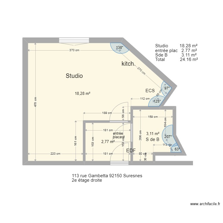 113 Gambetta 92150. Plan de 3 pièces et 24 m2