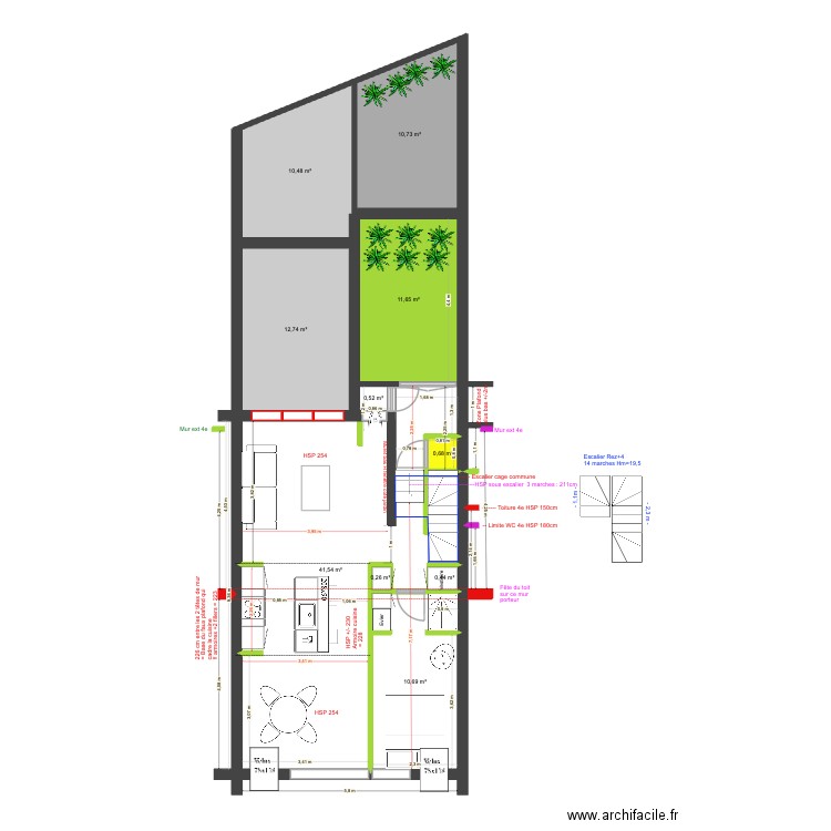 BAUCQ 77 3e étage VF aménagé. Plan de 10 pièces et 100 m2