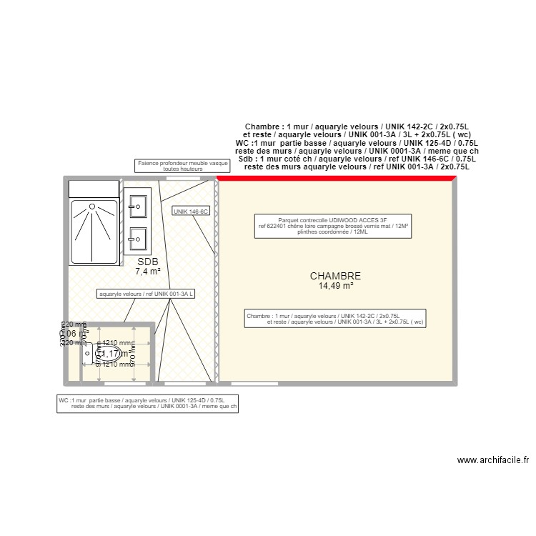 LECORRE peinture sol sdb / chambre. Plan de 5 pièces et 23 m2