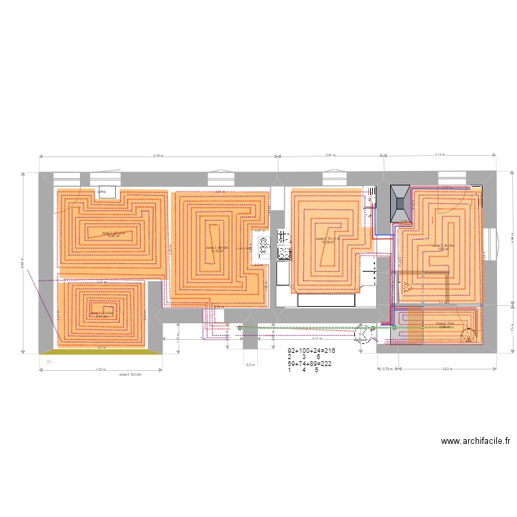 planchers chauffants. Plan de 6 pièces et 76 m2