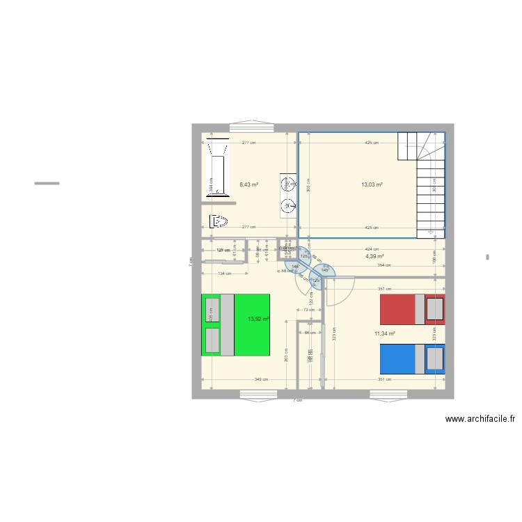 niveau1. Plan de 6 pièces et 51 m2