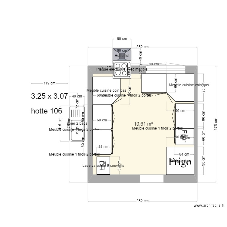 cuisine. Plan de 1 pièce et 11 m2