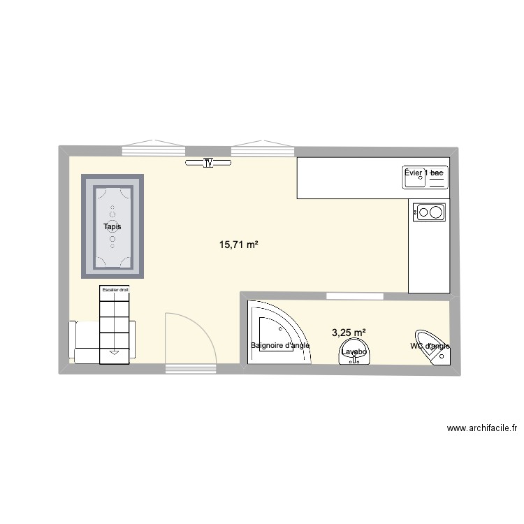 appartement Egly D niveau bas. Plan de 2 pièces et 19 m2